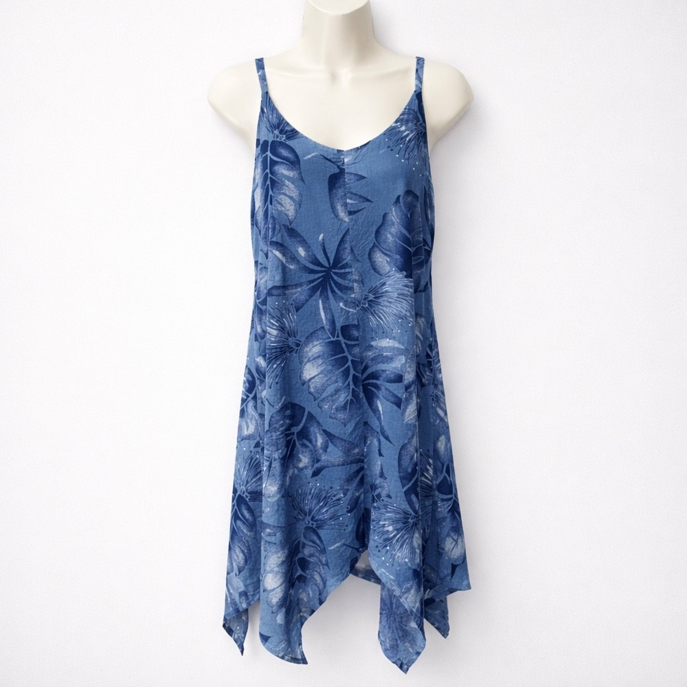 Makai Beach Womens Handkerchief Hem Sundress Size S Blue Tropical Floral Rayon